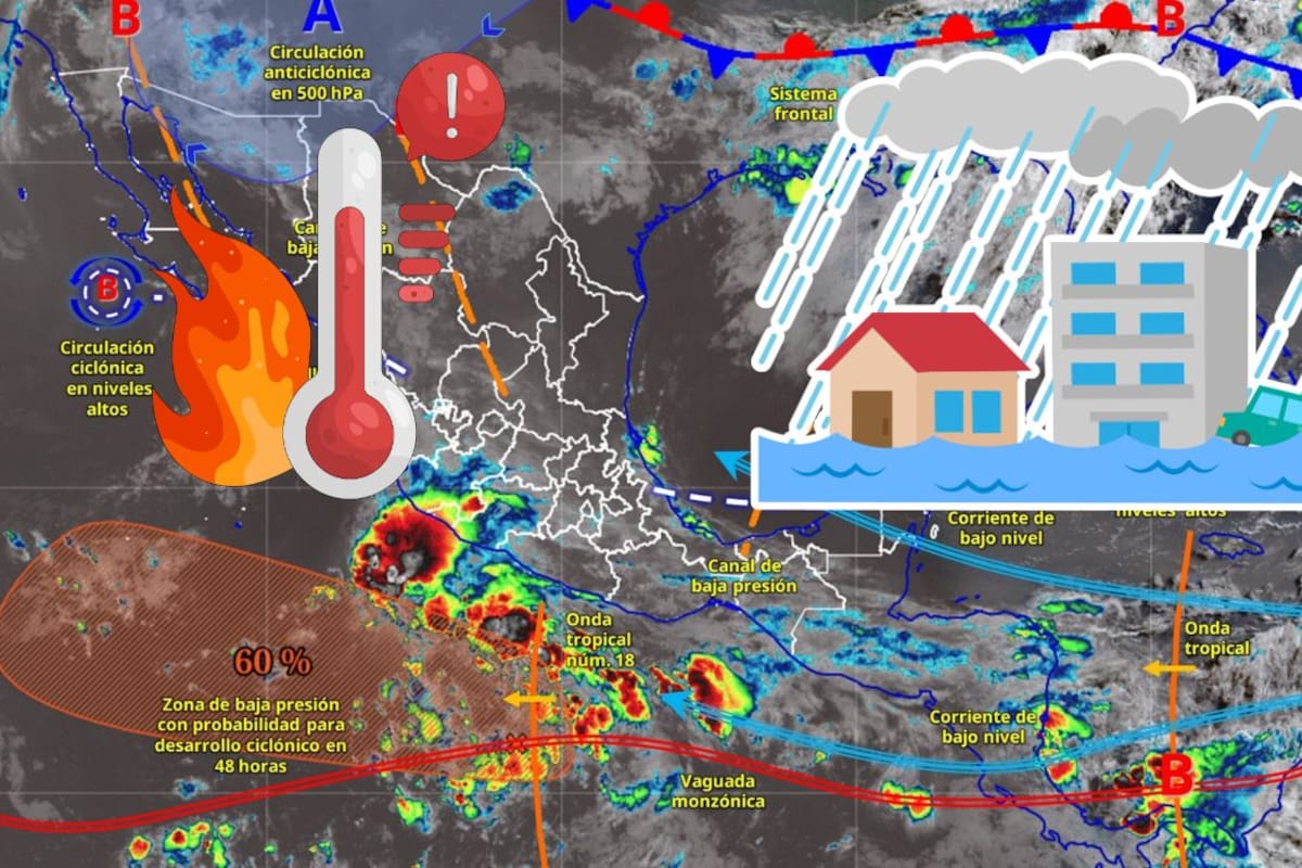 SMN alerta por lluvias intensas en cinco estados, posible formación de un ciclón frente al Pacífico y calor de hasta 45 °C este 13 de julio