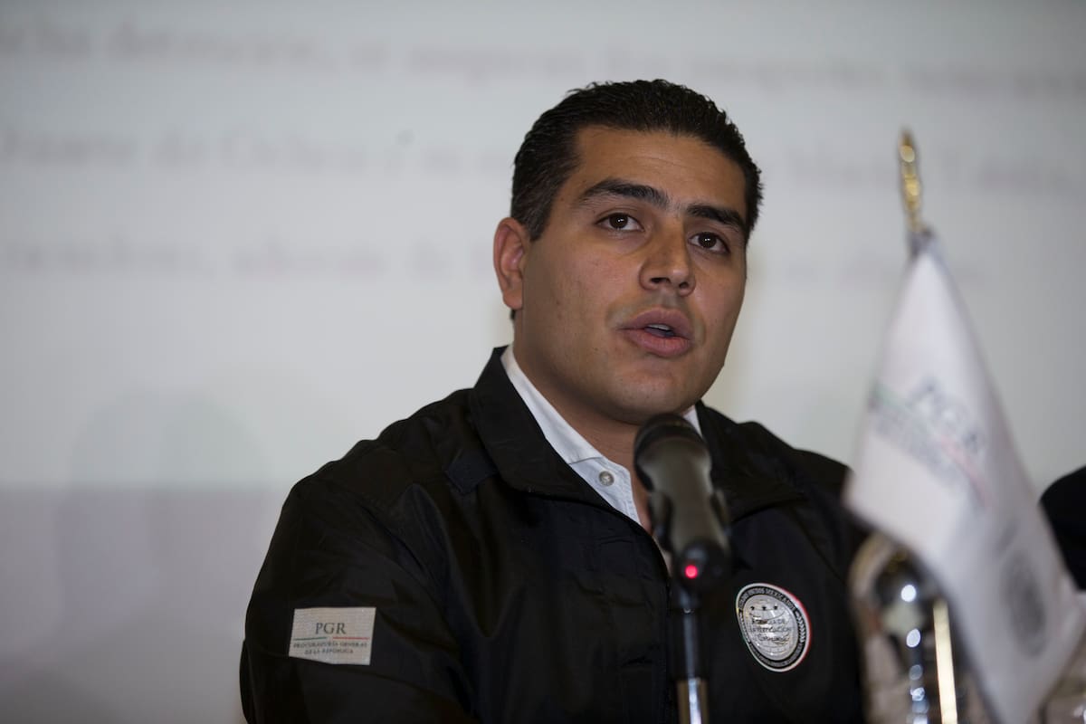 Omar Garcia Harfuch of Mexico's Federal Attorney General's Office speaks during a press conference at the Mexican embassy in Guatemala City, Sunday, April 16, 2017. Mexico's former Veracruz state Gov. Javier Duarte, who is accused of running a ring that allegedly pilfered from state coffers, has been detained in Guatemala after six months as a fugitive and a high-profile symbol of government corruption. (AP Photo/Moises Castillo)