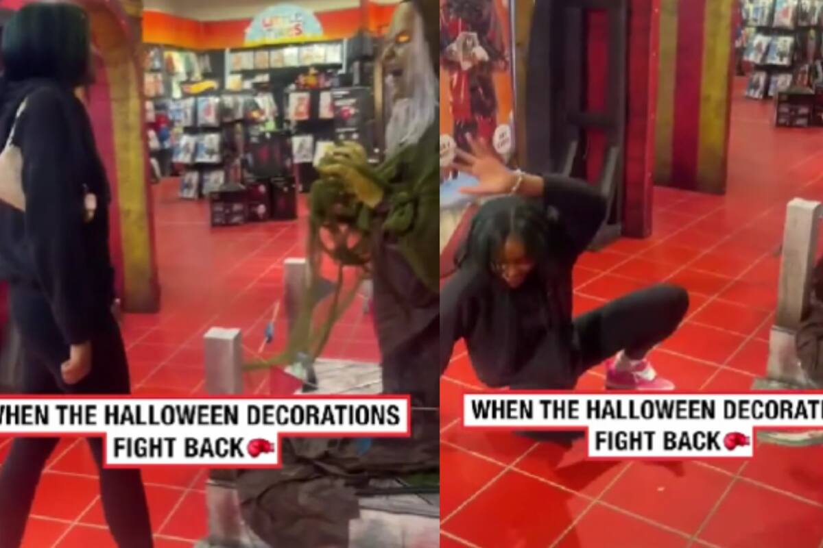 Una decoración de Halloween asusta a una persona y la hace caer al suelo