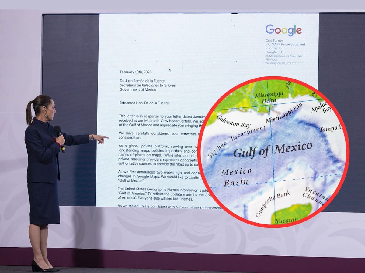 La presidenta Claudia Sheinbaum mostró la respuesta de Google sobre cambio de nombre al Golfo de México. | Crédito: Presidencia/Canva