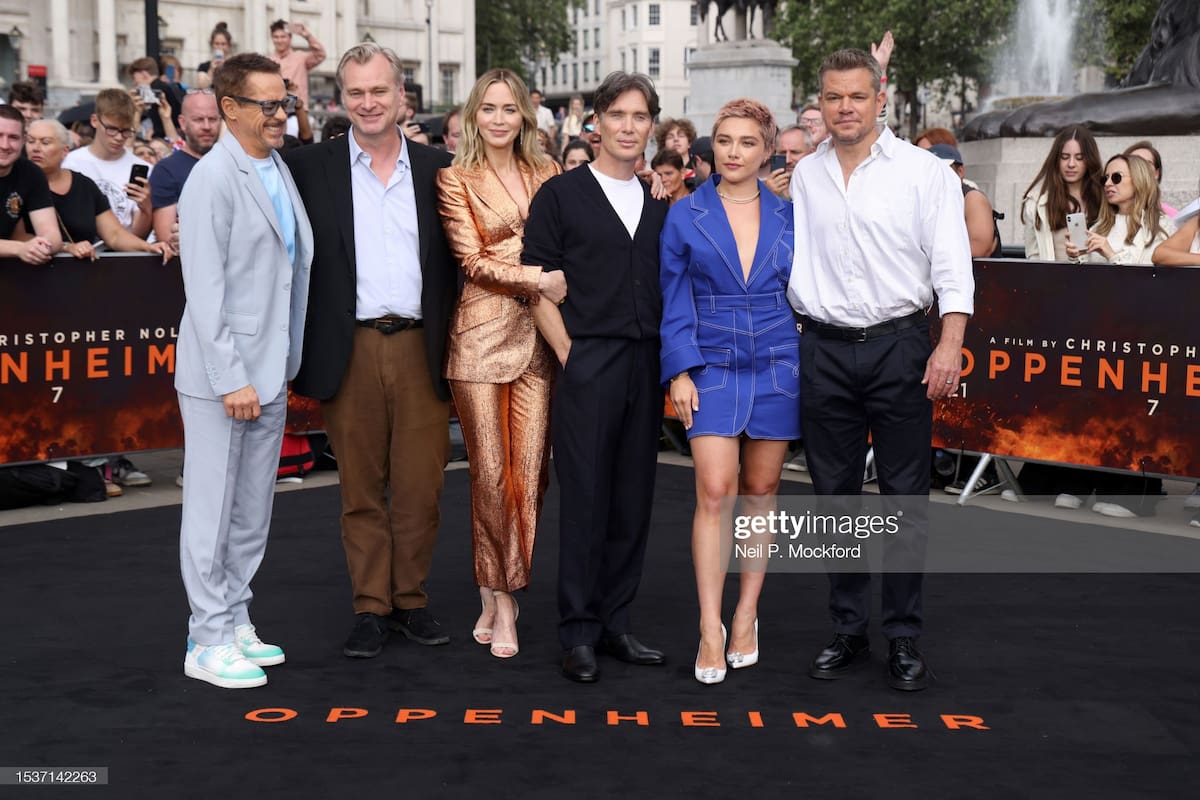 LONDON, ENGLAND - JULY 12: Robert Downey Jr., Christopher Nolan, Emily Blunt, Cillian Murphy, Florence Pugh and Matt Damon attend the London Photocall for Universal Pictures' "Oppenheimer" at Trafalgar Square on July 12, 2023 in London, England. (Photo by Neil P. Mockford/Getty Images for Universal Pictures)