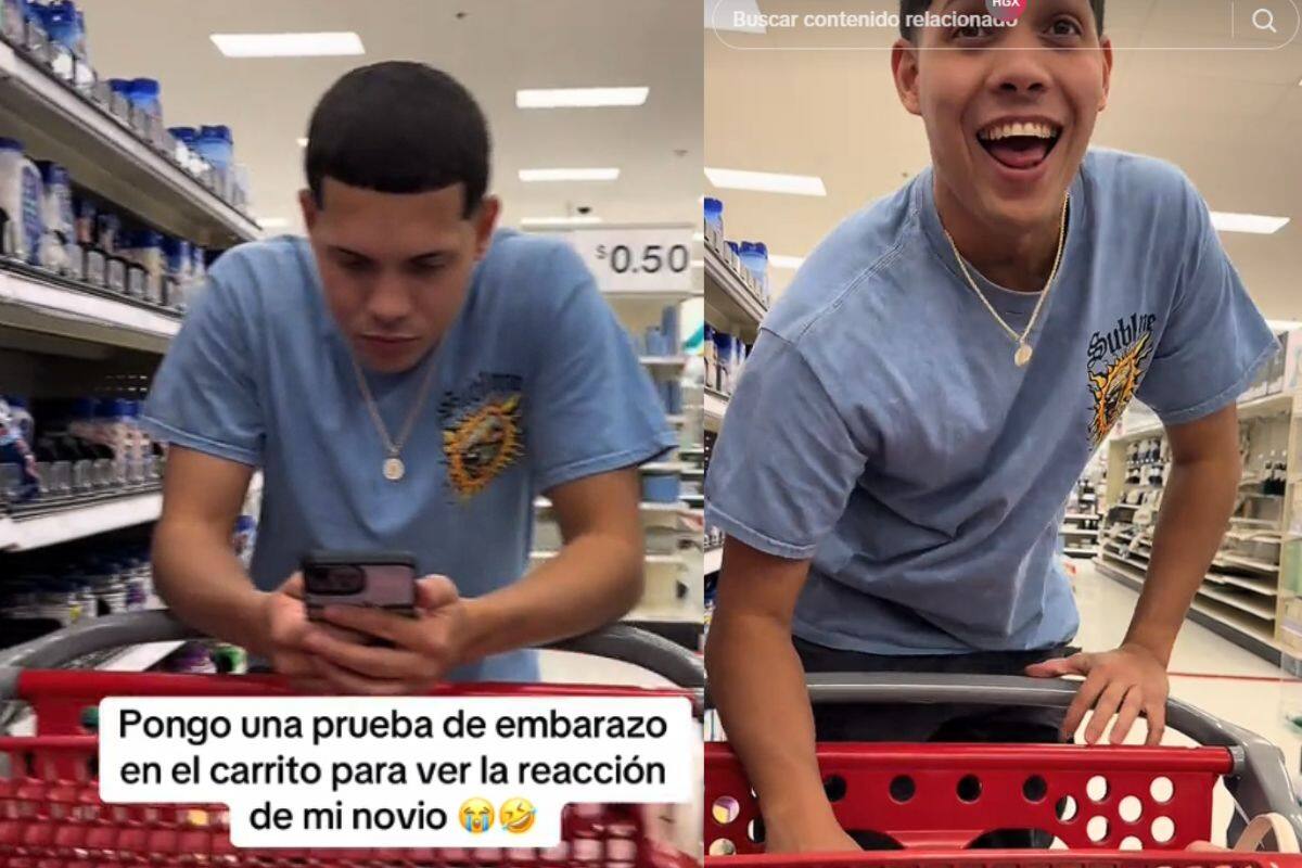 Mujer pone una prueba de embarazo en el carrito del supermercado para ver la reacción de su esposo