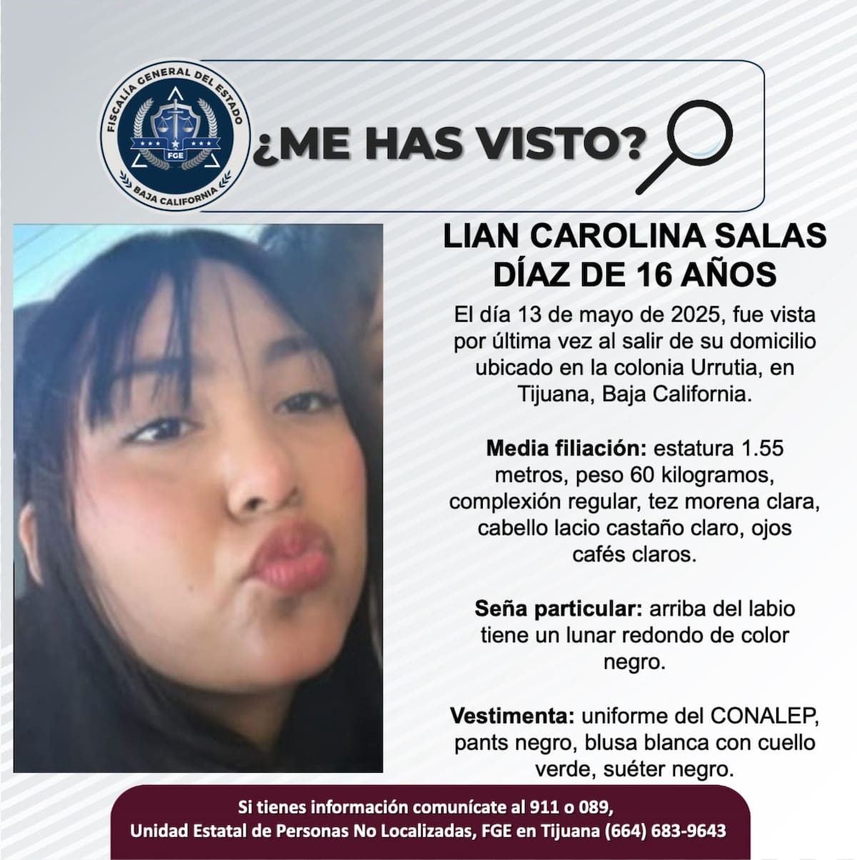 Lian Carolina Salas Díaz fue vista por última vez el 13 de mayo de 2025.