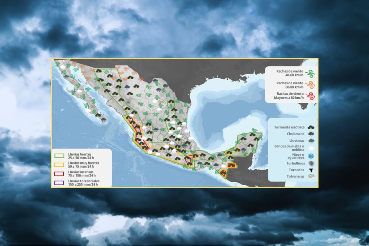 SMN alerta por lluvias muy fuertes y vientos peligrosos en varios estados de México