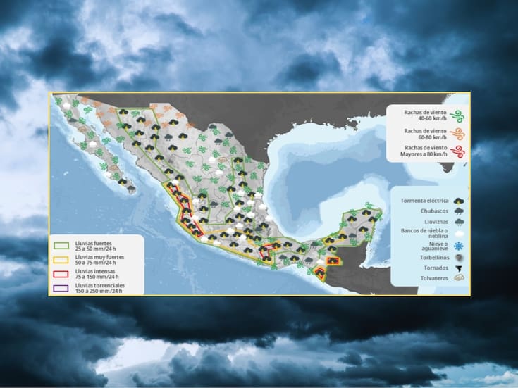 SMN alerta por lluvias muy fuertes y vientos peligrosos en varios estados de México