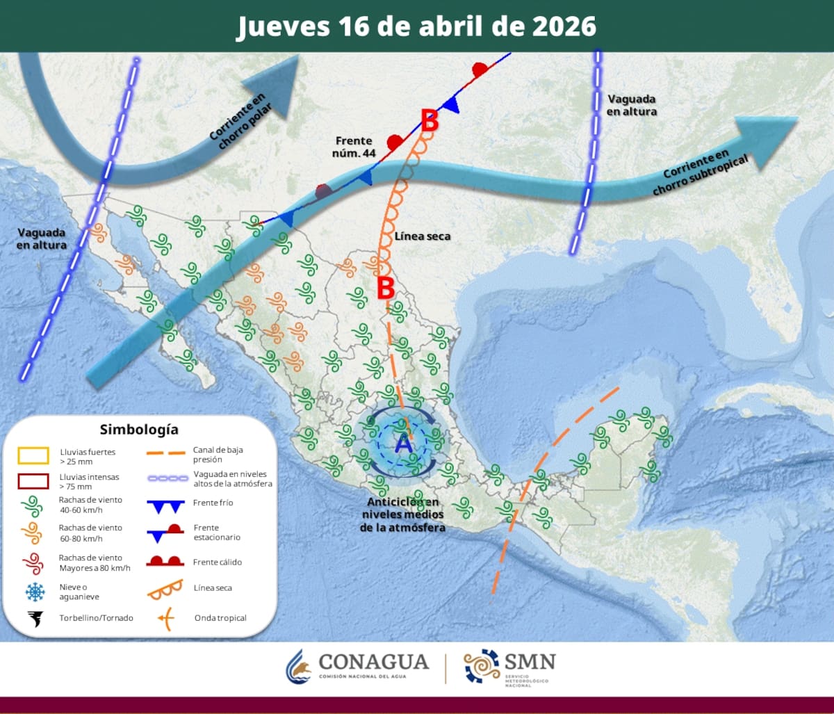 Pronóstico del clima para el jueves 16 de abril del 2026. | Crédito: SMN
