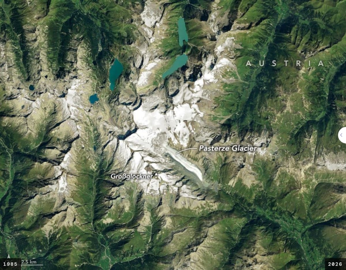 Imágenes de los satélites Landsat permiten comparar el glaciar Pasterze en agosto de 1985 y agosto de 2026, un periodo en el que retrocedió de manera considerable.