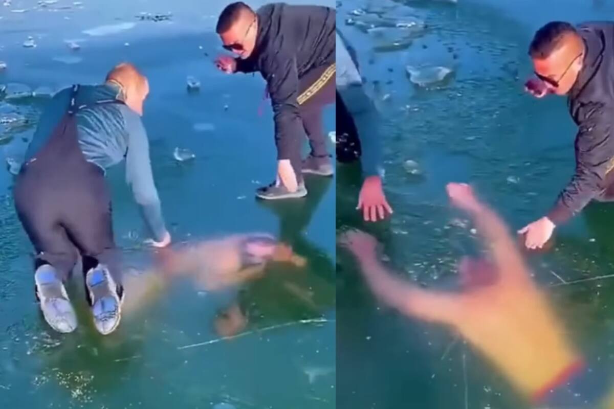 Hombre se lanza a nadar en un lago congelado y desafía a la naturaleza: su única salida es un agujero
