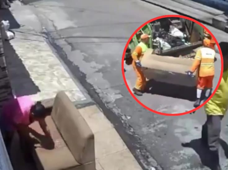 Su gato orinó su sofá pero mientras lo ponia a secar el camión de la basura se lo lleva VIDEO