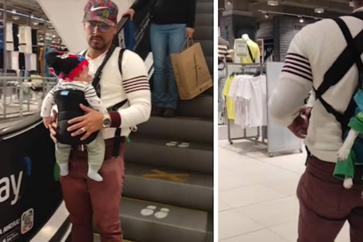 VIRAL: Hombre carga a su bebé y a su perrito en cangurera y todos mueren de ternura