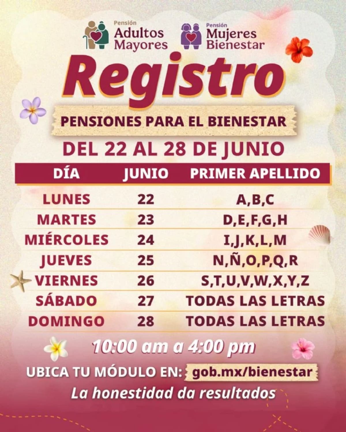 Hoy 28 de junio cierra el registro para la Pensión Bienestar de Adultos Mayores y Mujeres de 60 a 64 años; todas las personas pueden acudir a los módulos sin importar la inicial de su apellido