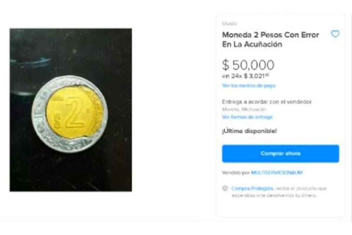 Moneda de 2 pesos con error ofertada en Mercado Libre