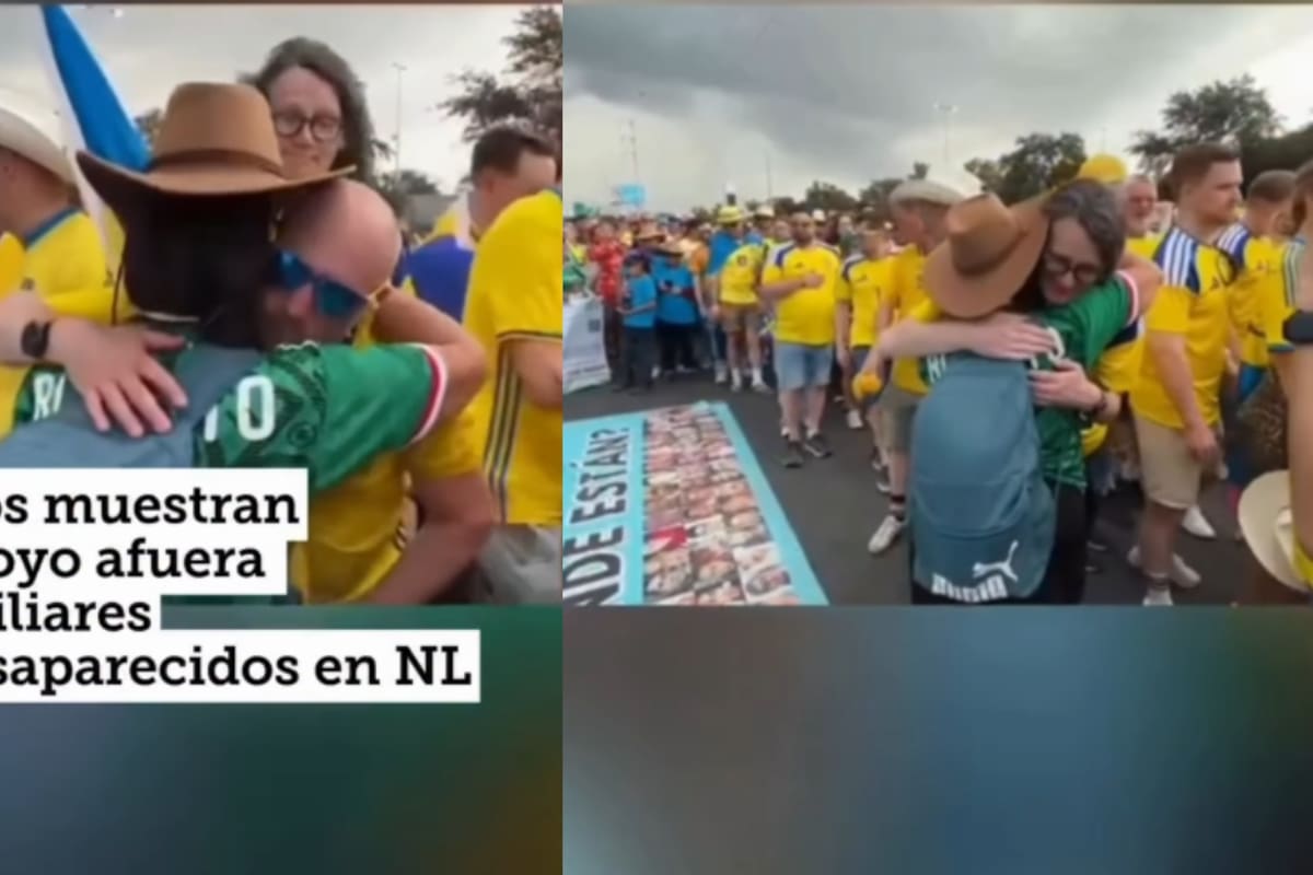 “Qué bonito detalle”: Madres buscadoras afuera del Estadio Monterrey son reconfortadas por aficionados suecos que pasaban por el lugar.