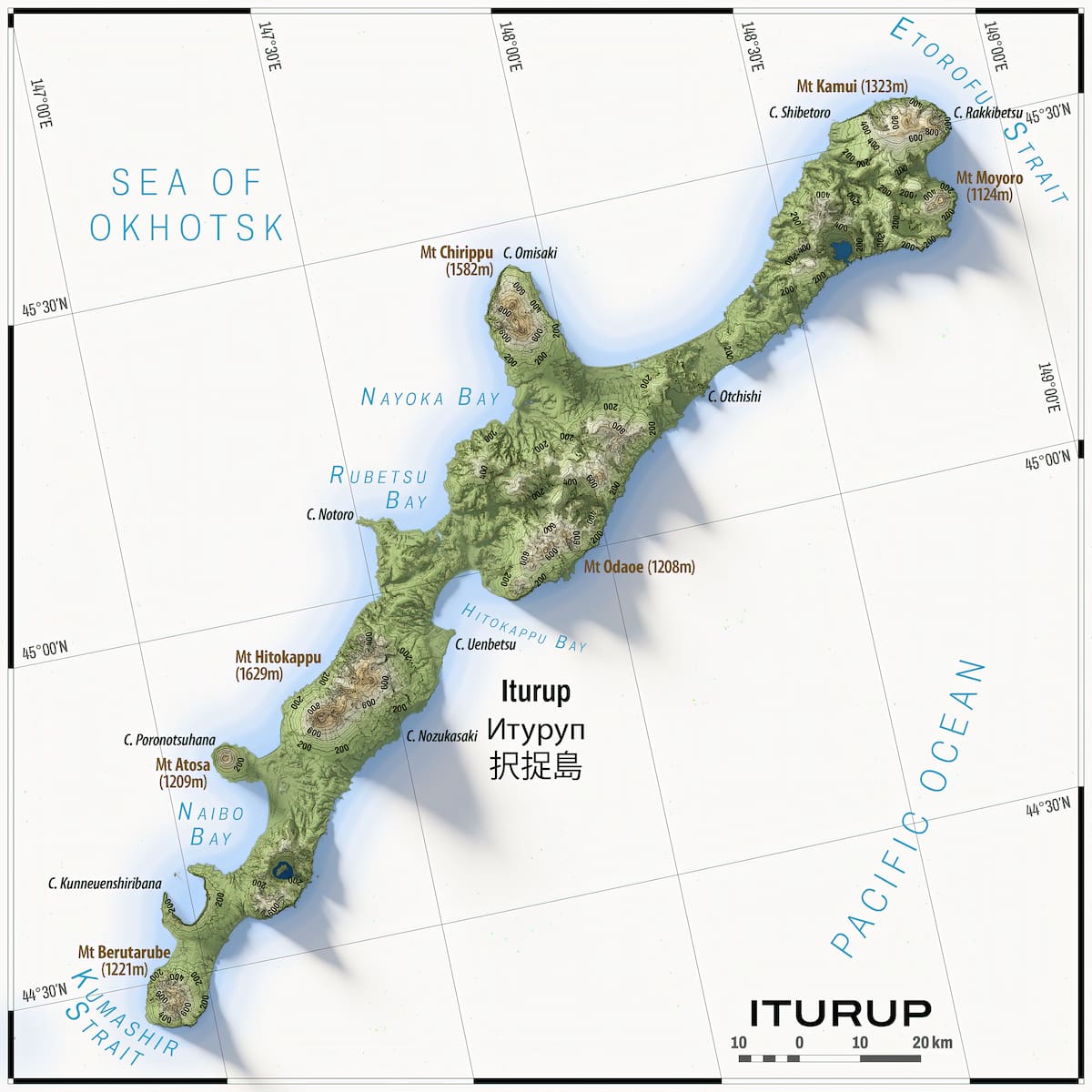 Mapa de la isla de Iturup, conocida en Japón como Etorofu, territorio administrado por Rusia y reclamado por Japón. | Crédito: Vallee / Wikimedia Commons, CC BY-SA 4.0.