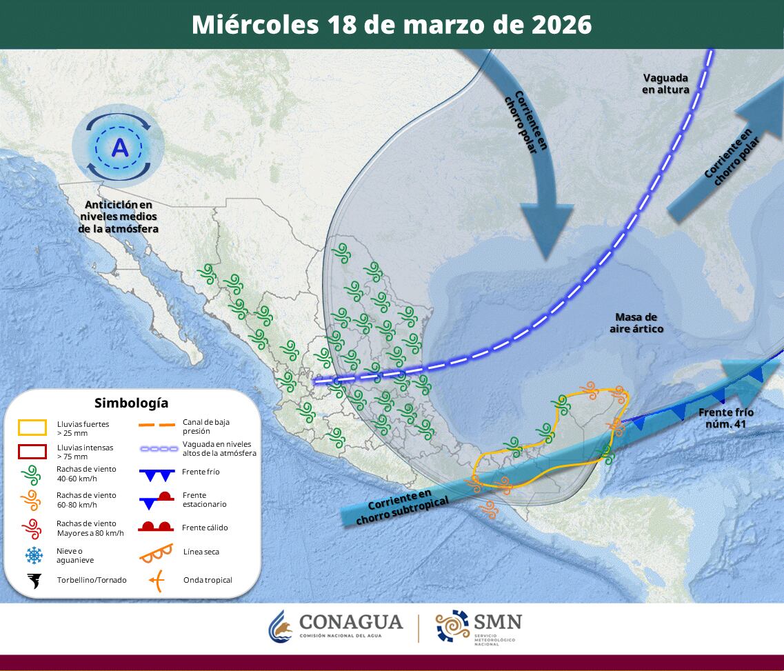 Pronóstico del clima para el miércoles 18 de marzo del 2026. | Crédito: SMN