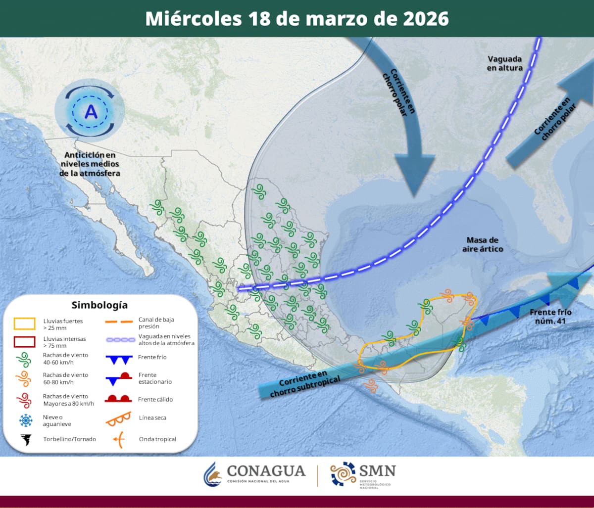 Pronóstico del clima para el miércoles 18 de marzo del 2026. | Crédito: SMN