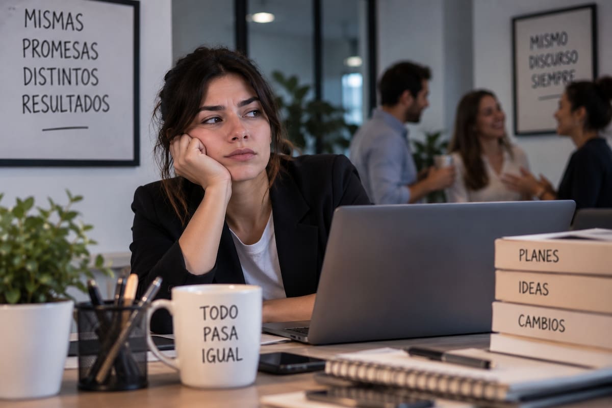 El cinismo puede aparecer como una actitud de desconfianza, negatividad o distancia emocional y, en algunos contextos, estar relacionado con experiencias negativas o desgaste prolongado. En el ámbito laboral, la OMS lo reconoce como una de las características asociadas al burnout. | Crédito: Foto ilustrativa generada con IA de ChatGPT