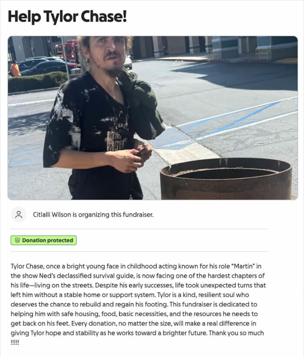 La campaña para apoyar a Tylor Chase en GoFound Me. | Captura de pantalla.