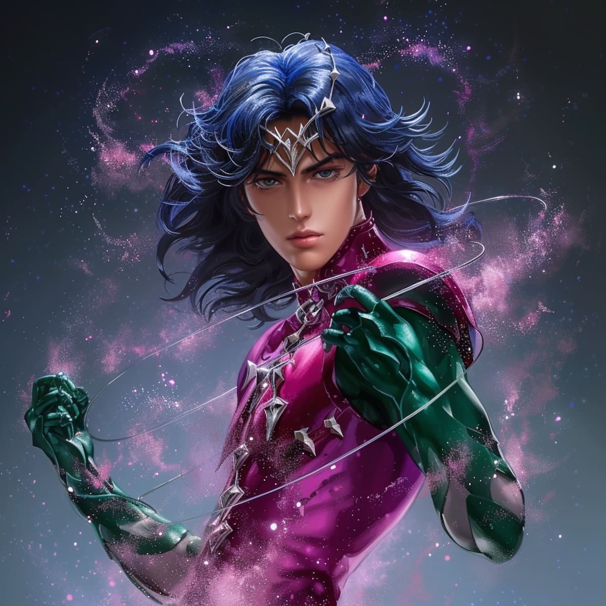 Shun de Andrómeda, reinterpretado por inteligencia artificial, destaca con una deslumbrante armadura morada y traje japonés en tonos vibrantes.