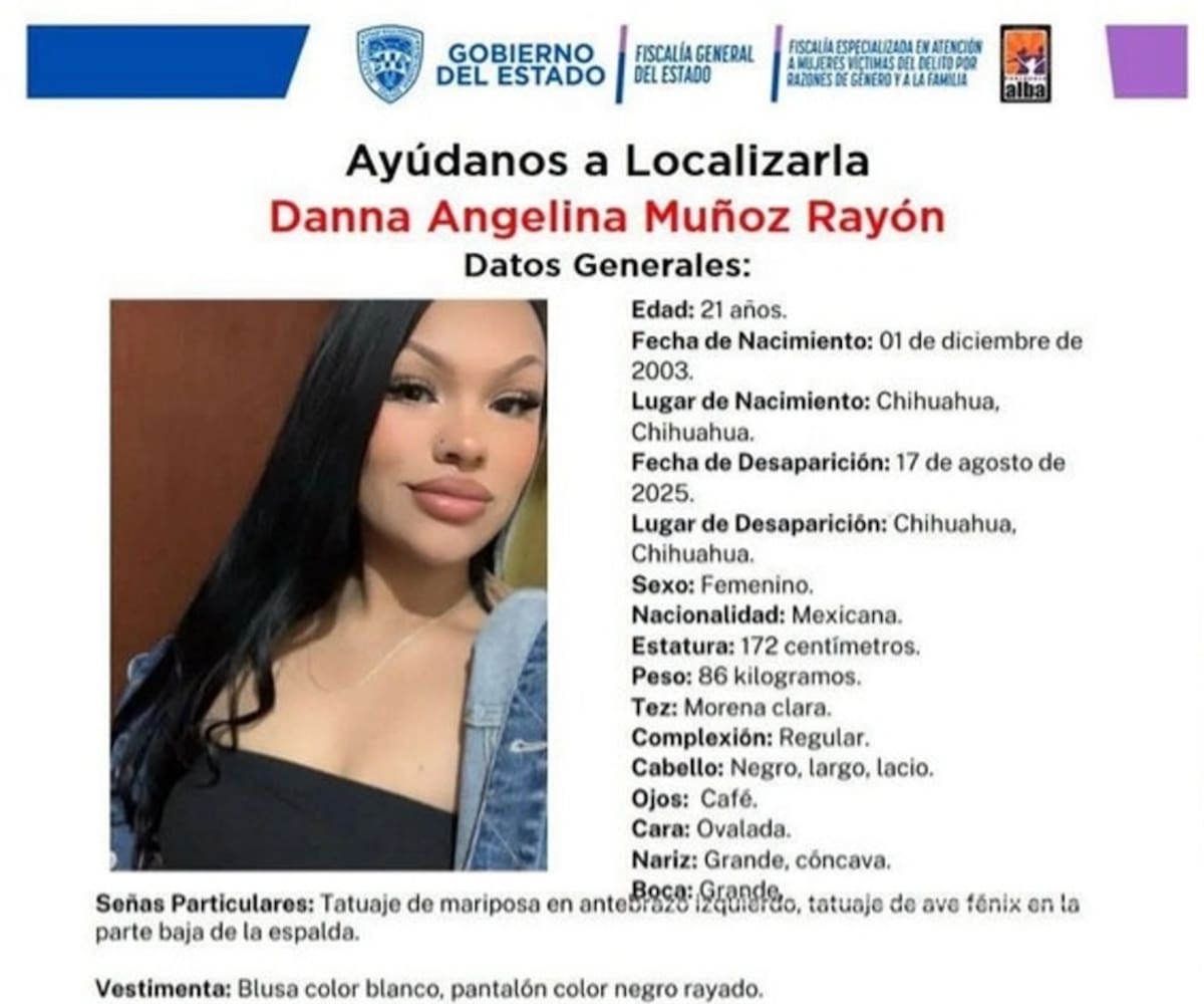 Ficha de desaparición de la joven Danna Angelina Muñoz Rayón. | Especial