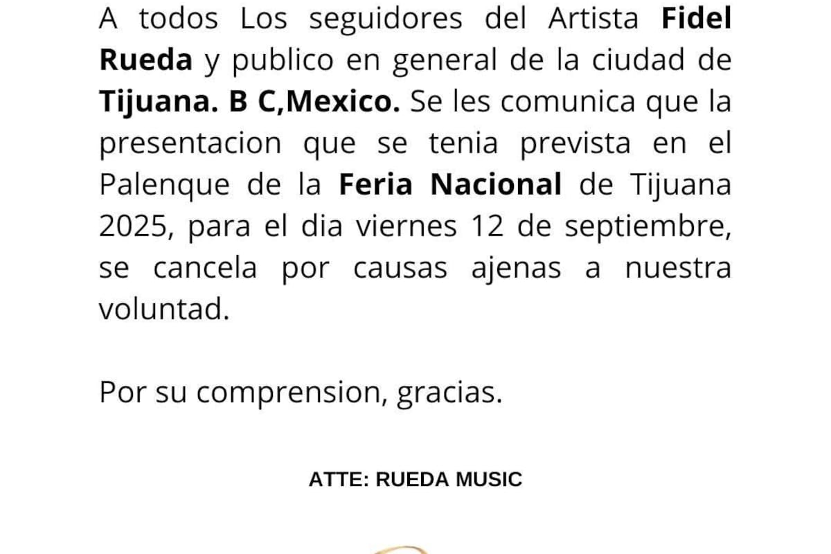 Cancelan presentación de Fidel Rueda en el palenque