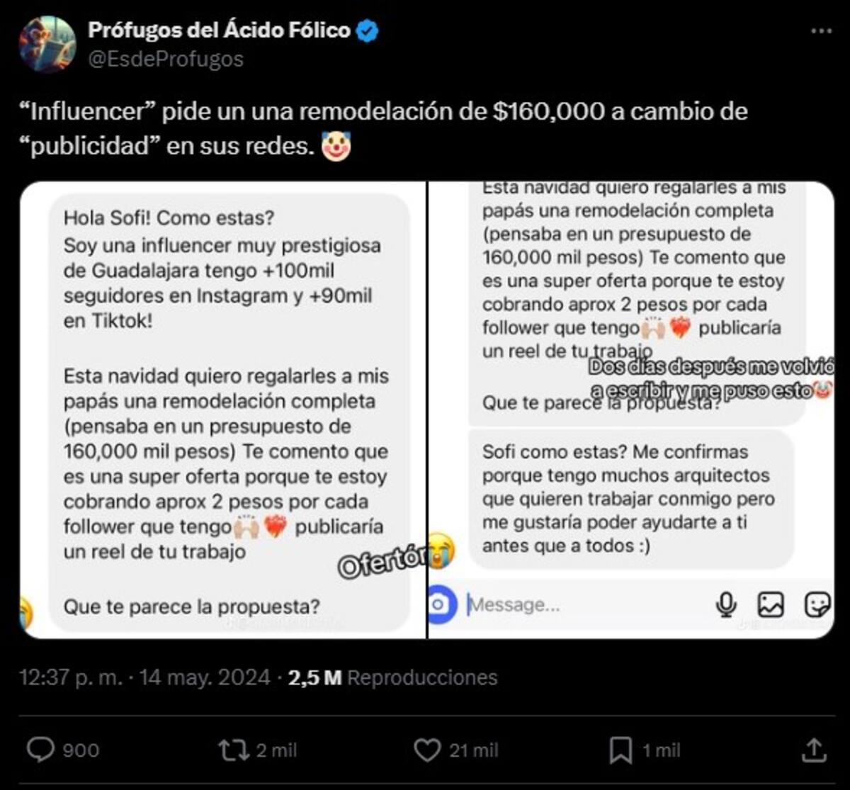 Tan sólo en Twitter (ahora X), capturas de la polémica conversación entre la influencer y la empresa a la que pedía el favor alcanzó más de 2 millones de visualizaciones.