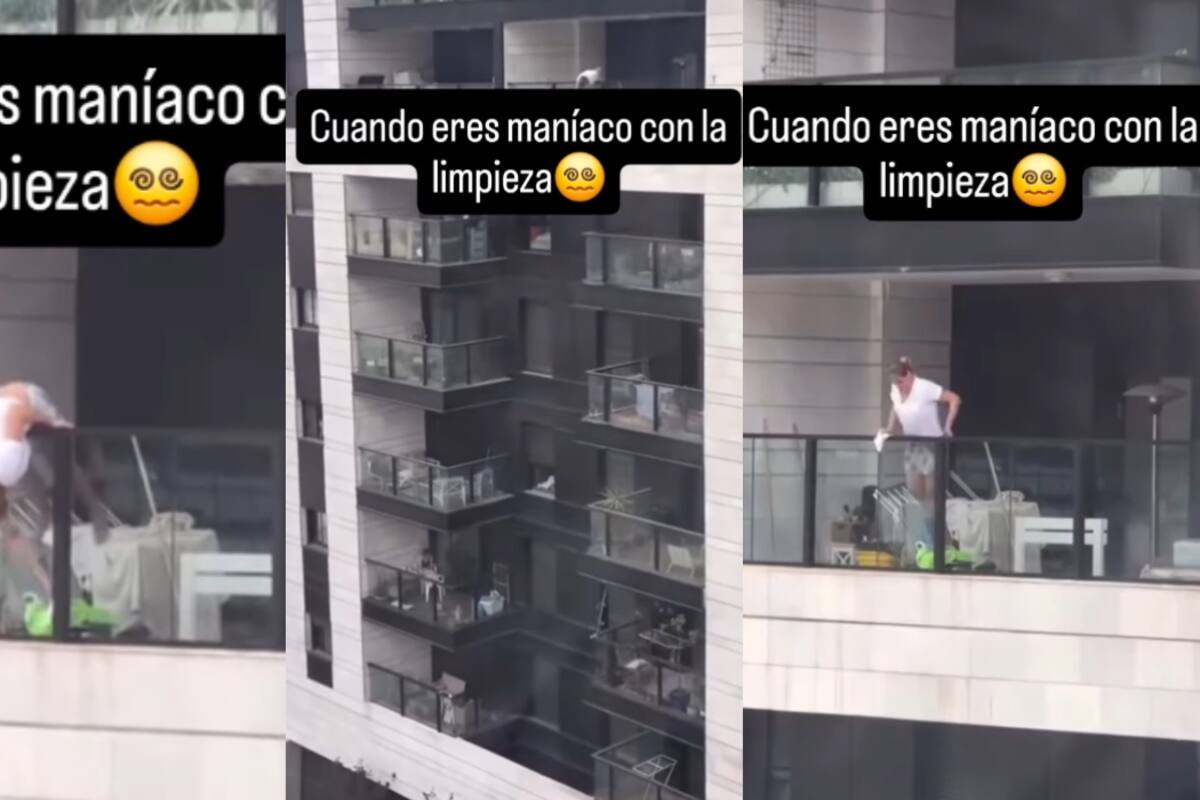 “Todo sea por la limpieza”: Mujer arriesga su vida para limpiar un barandal de vidrio desde las alturas