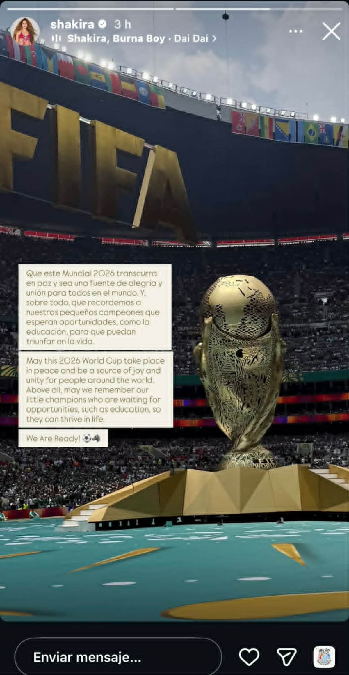 Shakira lanza un mensaje de paz para el mundo tras su presentación en el mundial de futbol 2026