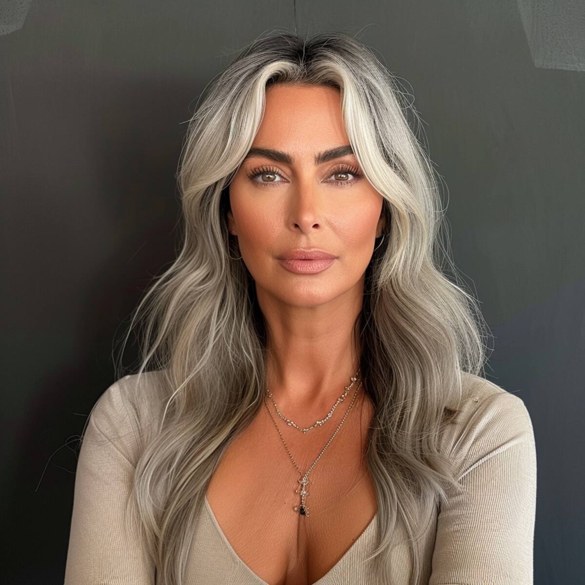 Discreto y sofisticado: El maquillaje sugerido por la IA destaca la belleza natural de Kim a los 65 años.
