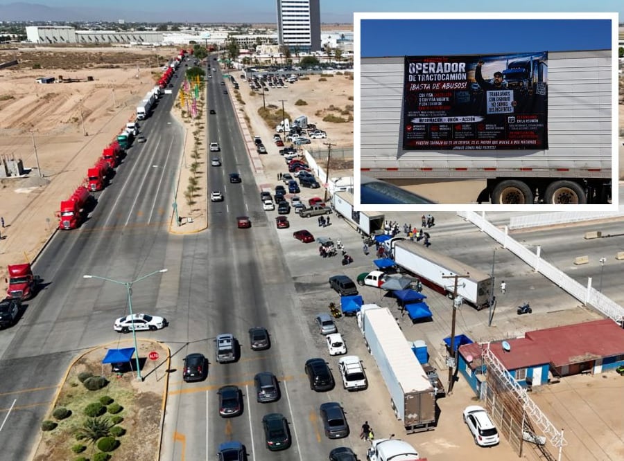 Choferes bloquean garita comercial de Mexicali por cancelación de visas de EEUU
