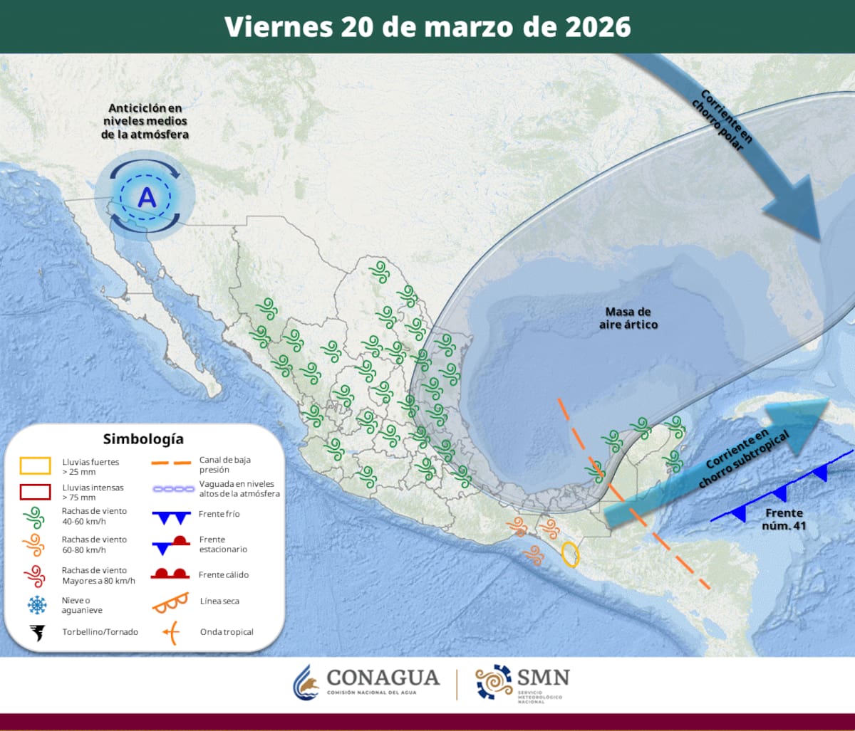 Pronóstico del clima para el viernes 20 de marzo del 2026. | Crédito: SMN