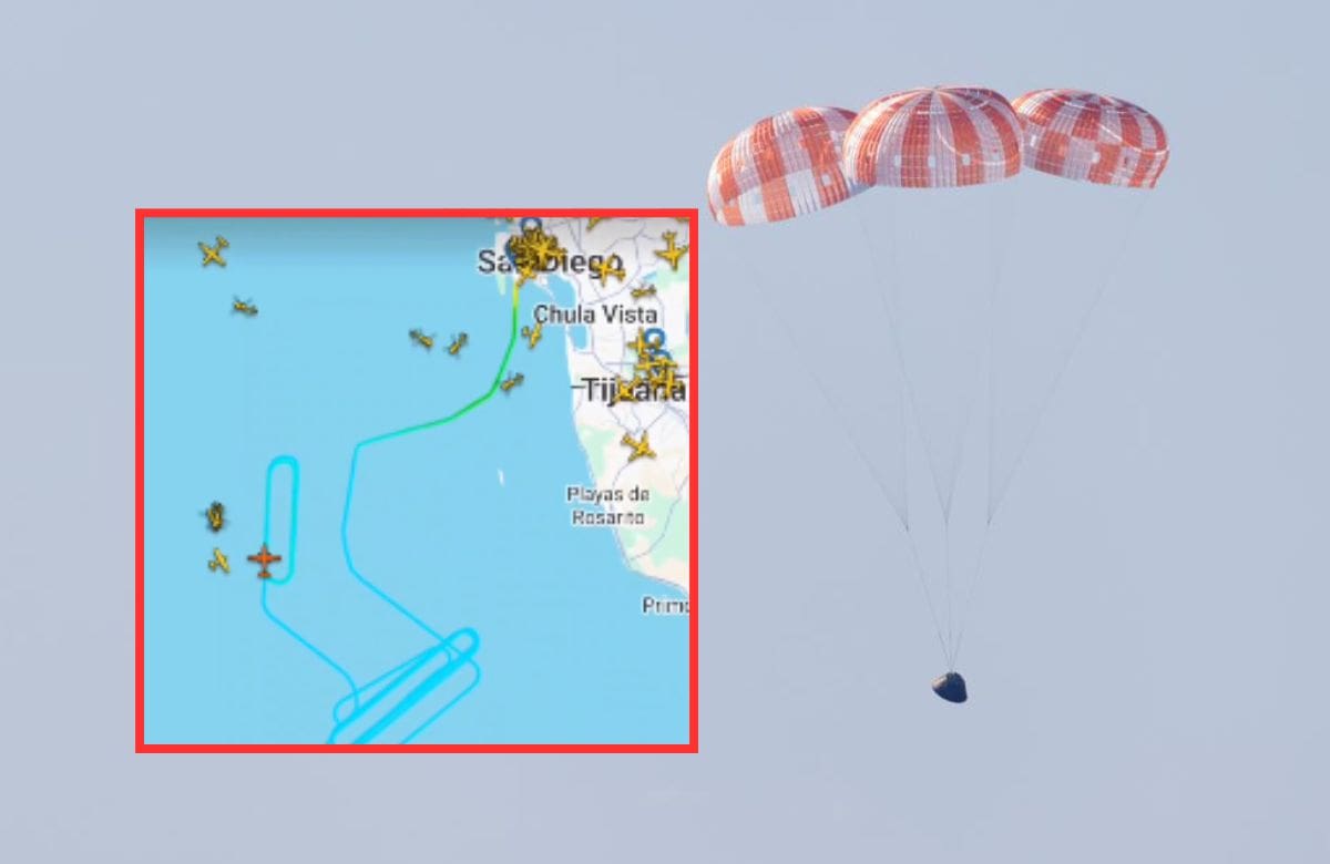 De acuerdo al sitio de rastreo de aeronaves Flightradar24, el amerizaje de la cápsula Orión habría ocurrido en aguas del lado mexicano. | Crédito: NASA y Flightraadr24