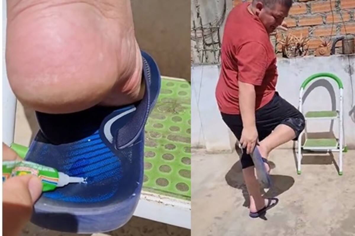 Le pega el pie de su papá a la sandalia con pegamento industrial