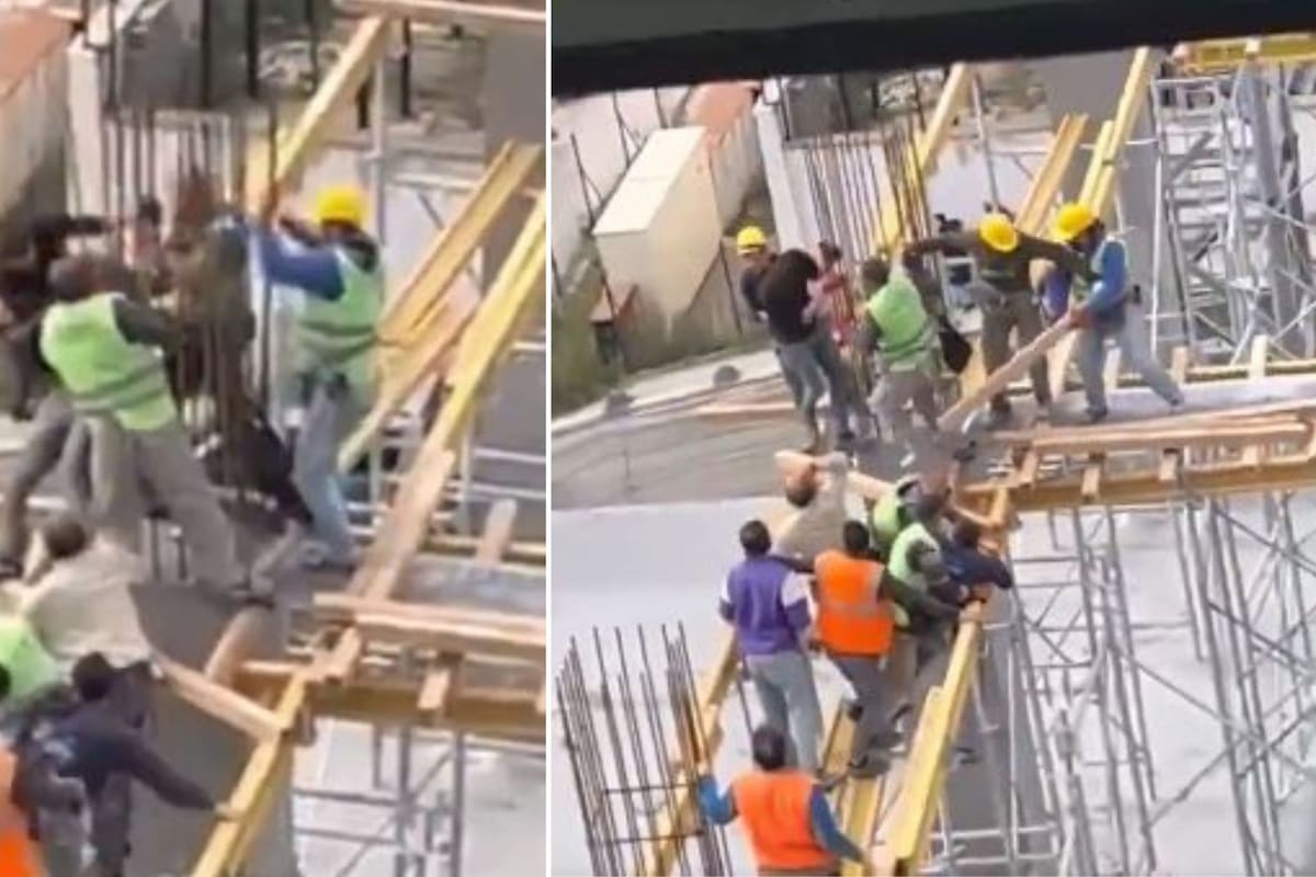 VIDEO: Albañiles PELEAN en plena construcción desde las alturas