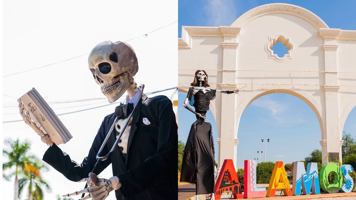 Instalan en Álamos catrinas monumentales de María Félix y Alfonso Ortiz Tirado como parte de los preparativos para el Festival de la Calaca y las celebraciones del Día de Muertos