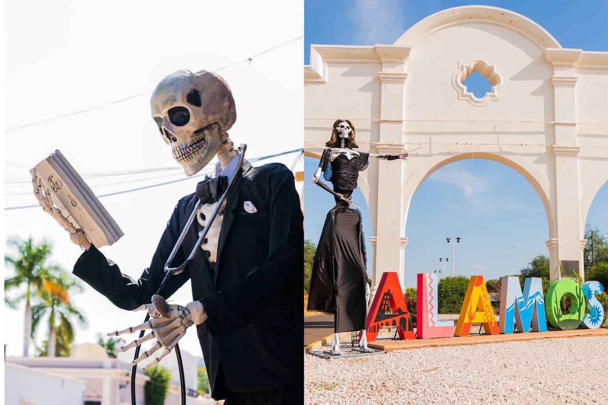 Instalan en Álamos catrinas monumentales de María Félix y Alfonso Ortiz Tirado como parte de los preparativos para el Festival de la Calaca y las celebraciones del Día de Muertos