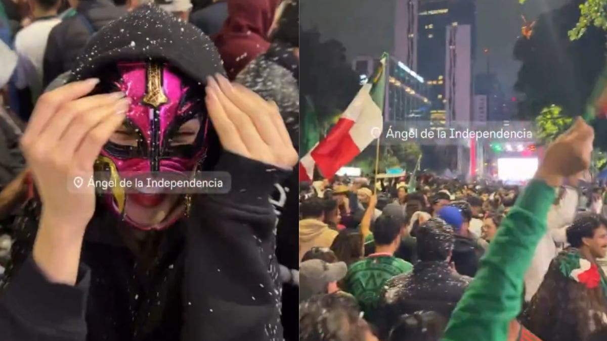 Kenia Os celebró el triunfo de México en el Ángel de la Independencia con máscara y logró pasar desapercibida entre cientos de aficionados en Paseo de la Reforma