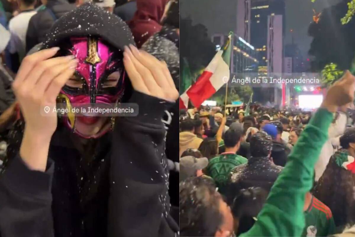 Kenia Os celebró el triunfo de México en el Ángel de la Independencia con máscara y logró pasar desapercibida entre cientos de aficionados en Paseo de la Reforma