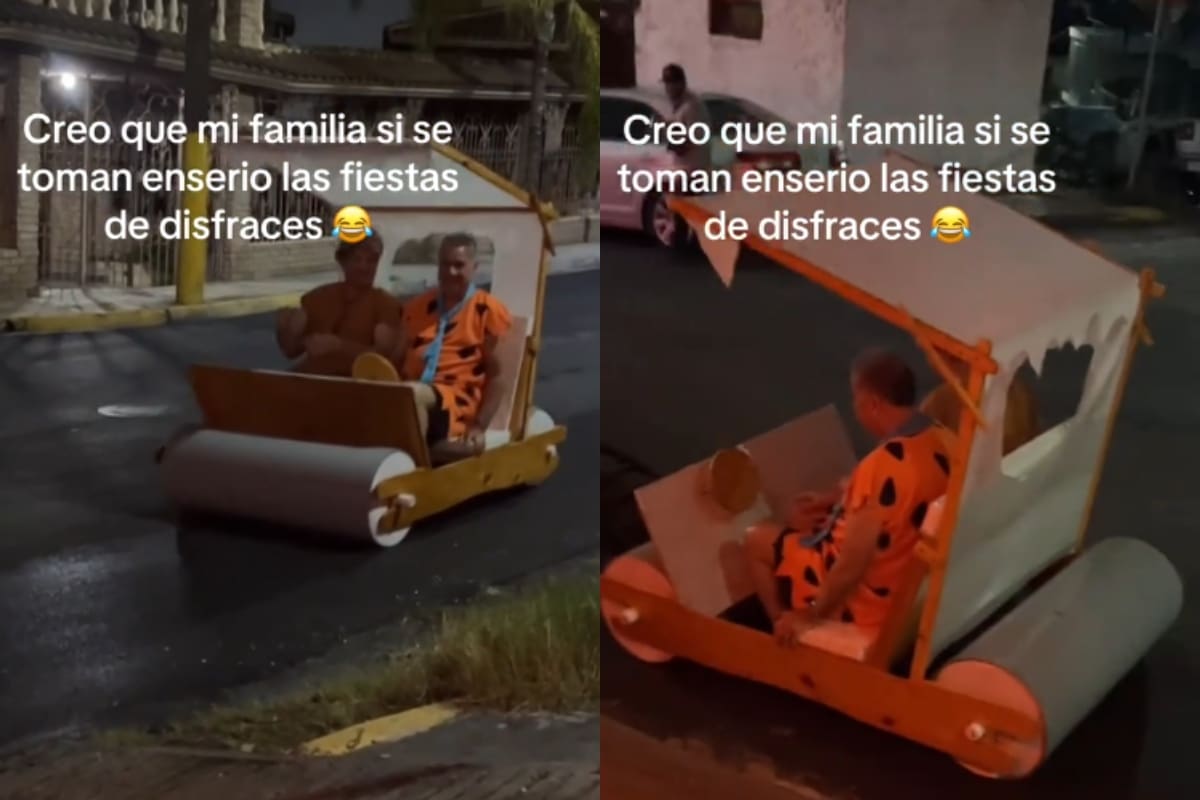 Par de hombres sorprende a su familia por sus disfraces de Los Picapiedra, ¡y por llegar en un troncomóvil!