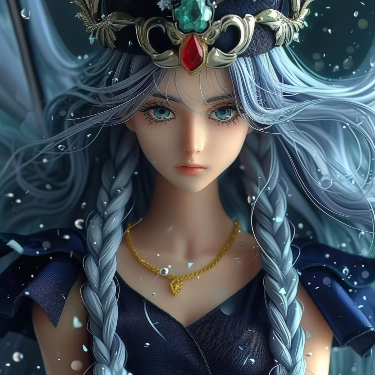 Con esferas de energía y aire congelante, Hilda muestra sus poderes sobrenaturales en esta representación imaginaria de la IA