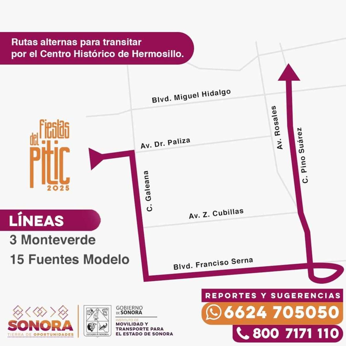 Cambios en las rutas de las líneas 3 Monteverde y 15 Fuentes Modelo por las Fiestas del Pitic en Hermosillo.
