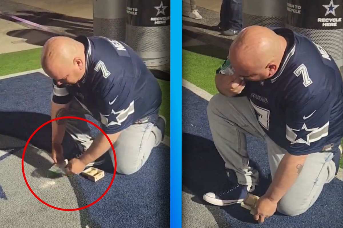 VIDEO: Aficionado de los Vaqueros de Dallas esparce las cenizas de su primo fallecido en el campo de juego