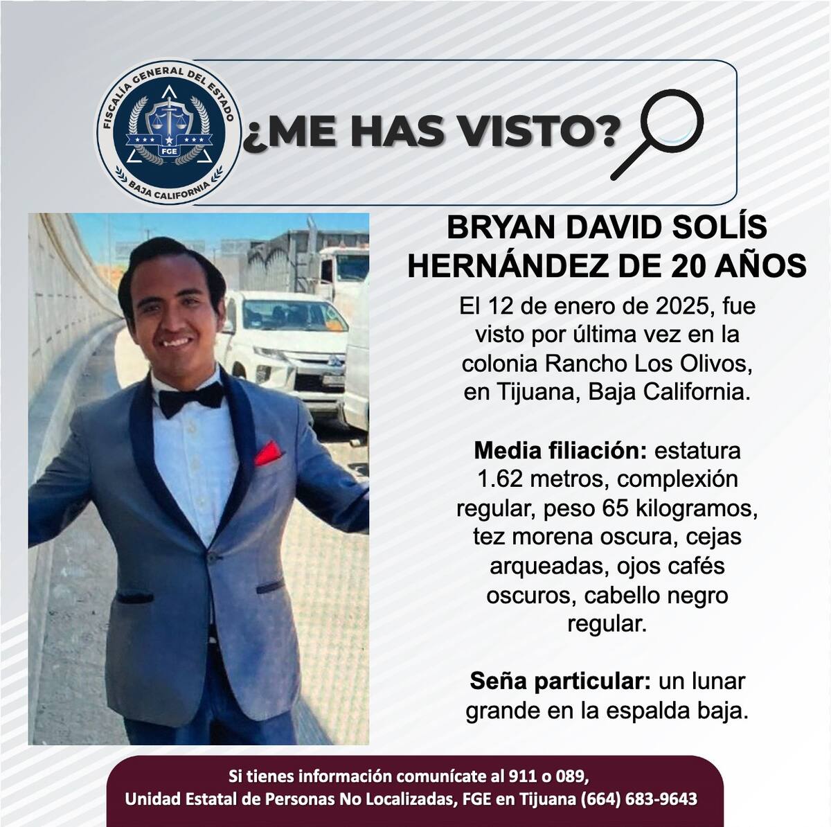 Bryan David Solís Hernández fue visto por última vez el 12 de enero de 2025.