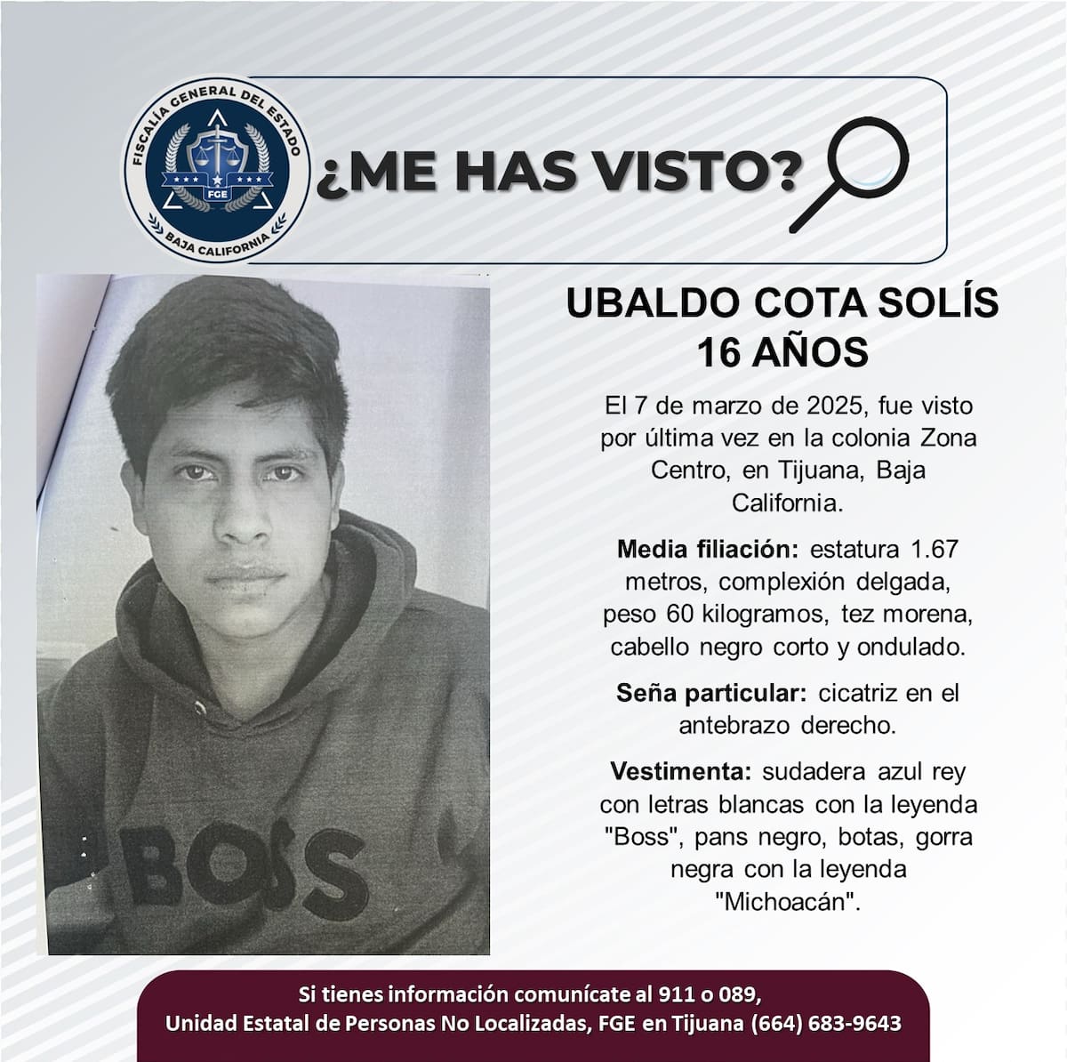Ubaldo Cota Solís fue visto por última vez el 7 de marzo de 2025.