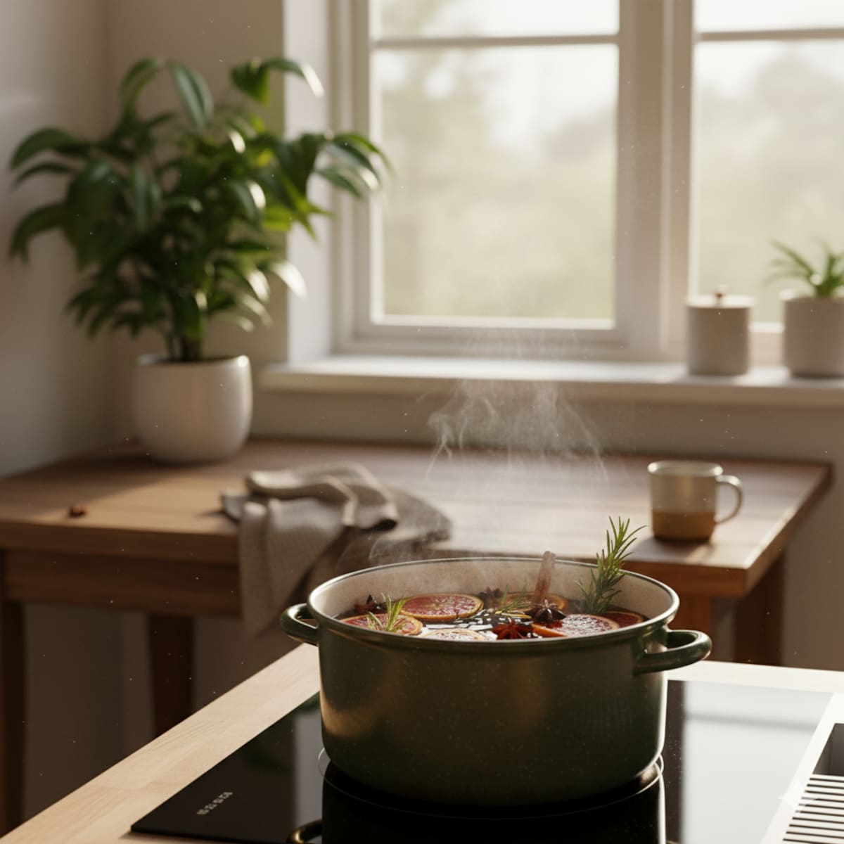Una toma más amplia de un "simmer pot" hirviendo a fuego lento en una estufa. La olla (quizás la misma de la portada o una similar) está en primer plano con el vapor visible. Alrededor, se ven elementos de una cocina hogareña y limpia, como un mostrador de madera, algunas plantas de interior o utensilios de cocina. La luz debe ser cálida y natural, transmitiendo una sensación de bienestar y confort en el hogar.