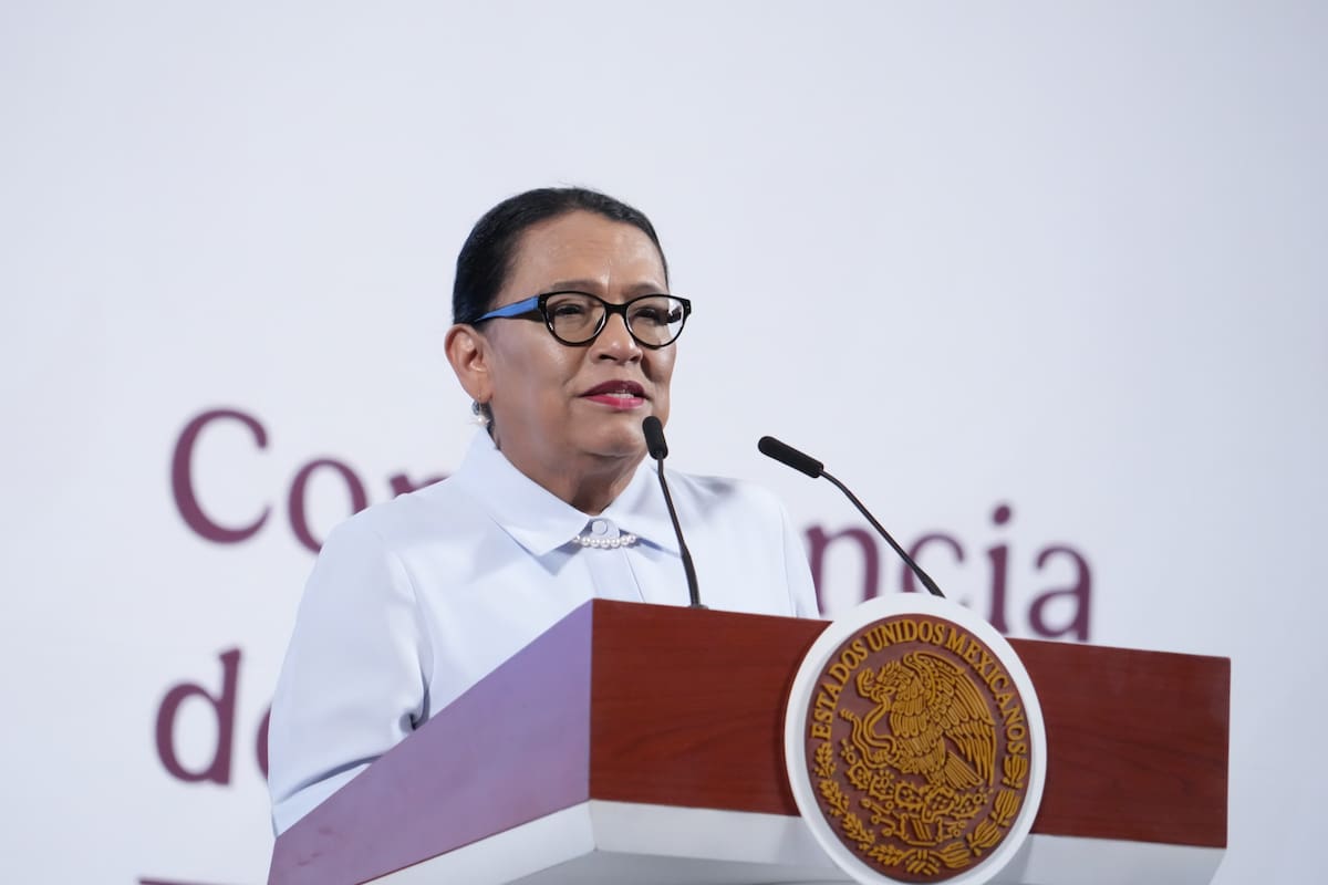 Rosa Icela Rodríguez Velázquez, secretaria de Gobernación, en la "Conferencia del Pueblo" de la presidenta Claudia Sheinbaum del 22 de abril del 2025. | Crédito: Presidencia