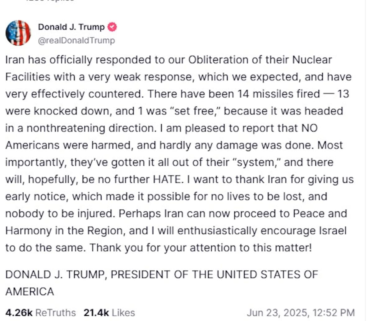 “Lo más importante es que ya se desahogaron y que, con suerte, no habrá más ODIO“. Foto: Capture Truth Social.