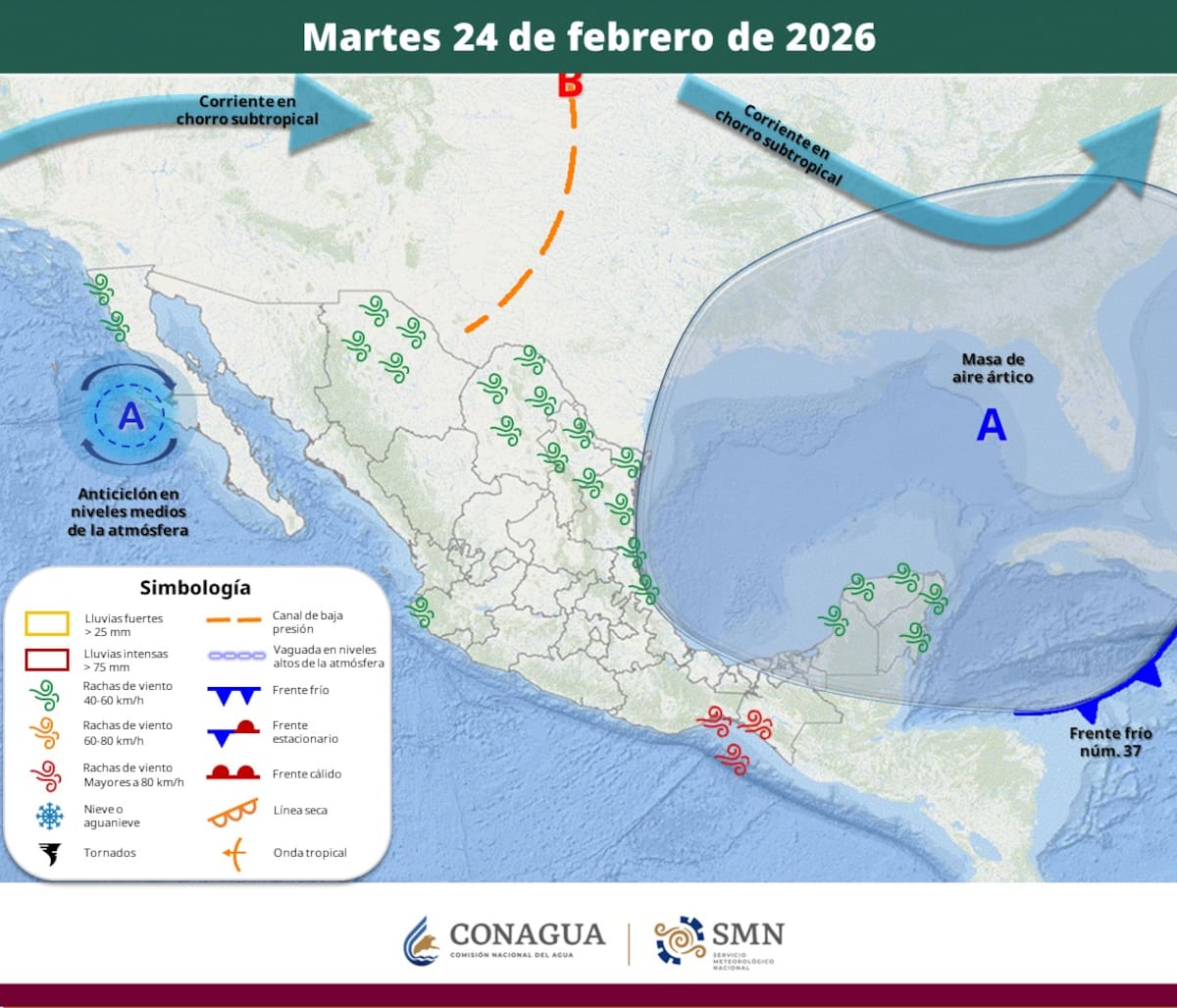 Pronóstico del clima para el martes 24 de febrero del 2026. | Crédito: SMN