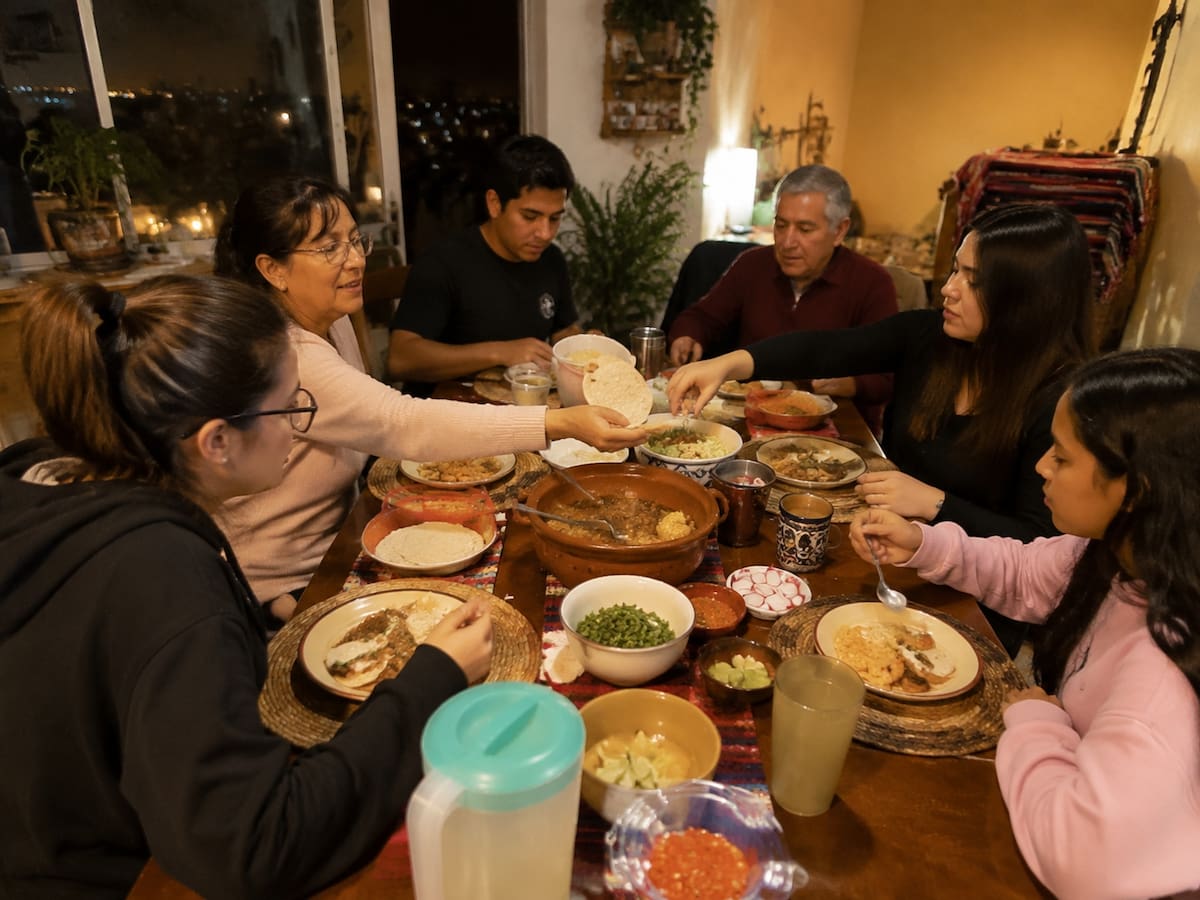 En México, la hora de la comida y la cena suele ser flexible; muchas familias cenan tarde, especialmente en zonas urbanas. | Imagen hecha con IA de ChatGPT