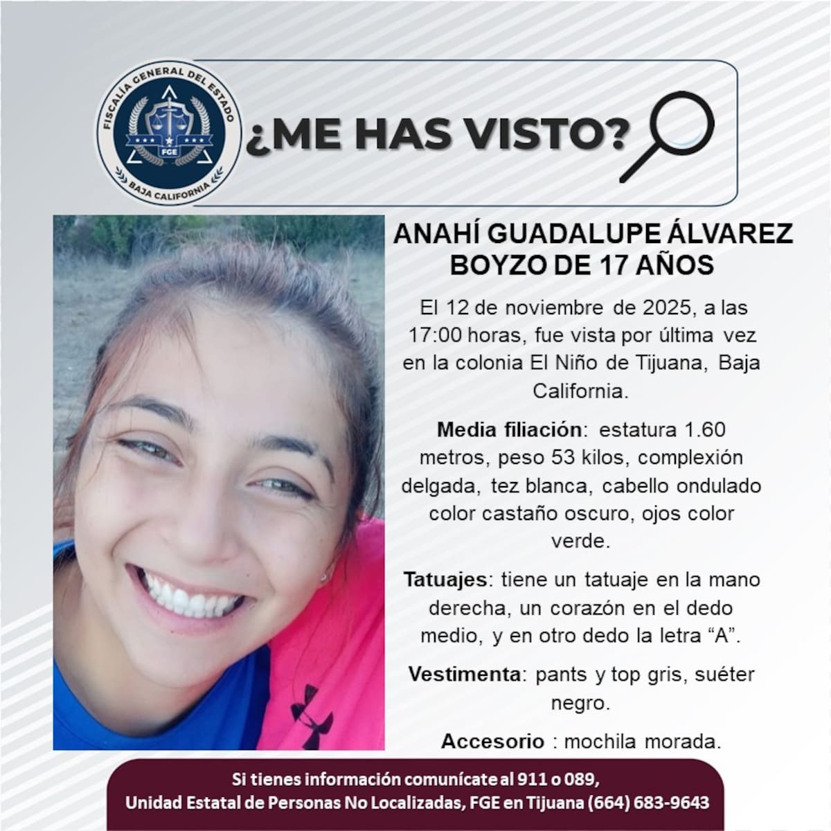 Fue vista por última vez el 12 de noviembre de 2025.